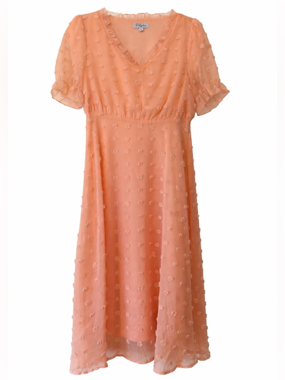 Polagram Summer Midi Dress Peach V-Neck Swiss Dot size M - Picture 4 of 10
